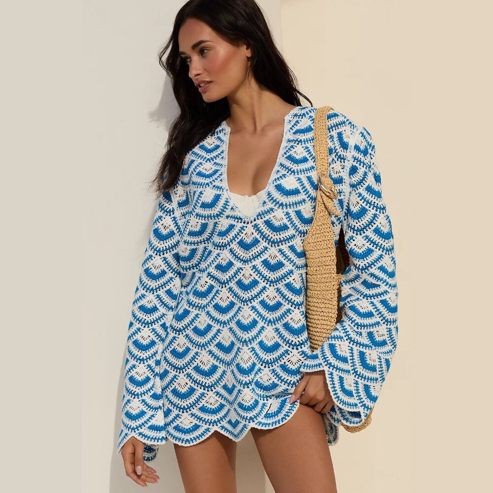 NEW Celandine - Size M/L Crochet Long-Sleeve Mini Kaftan - Light Blue Pattern